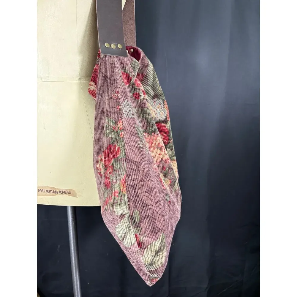 Handcrafted Large Hobo Bag Created with Vintage Fabric Corduroy Tapestry Print